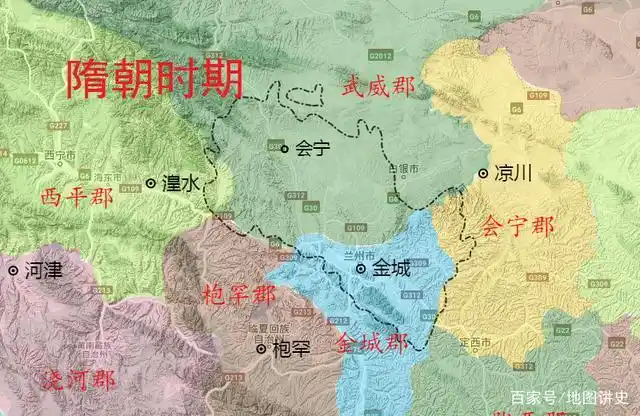 和西汉时期相比,此时今兰州市境内仅存上图四县,均属金城郡,郡治榆中