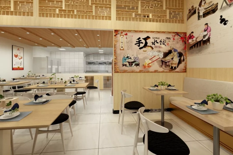 所以饺子馆采用暗红色桌子和明亮的大厅色彩的装修设计,主要是为了