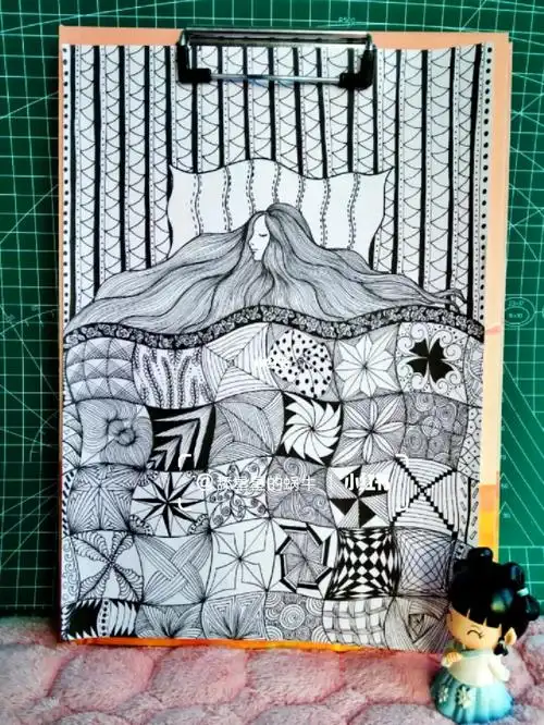 原创黑白线描画《梦中女孩》附绘画过程