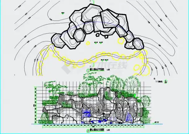 本图纸为:西北地区某别墅区假山流水施工图,内容包括:假山平面图,立面