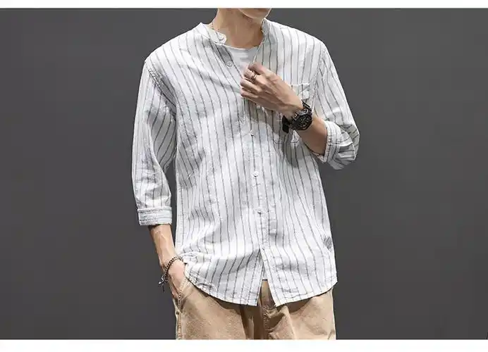 亚麻男装短袖衫衣衬衫男士夏季七分袖中式立领竖条纹衬衣棉麻料透气上