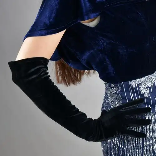 黑丝绒手套金丝绒 超长50cm复古晚礼服高弹力黑色天鹅绒触控手机