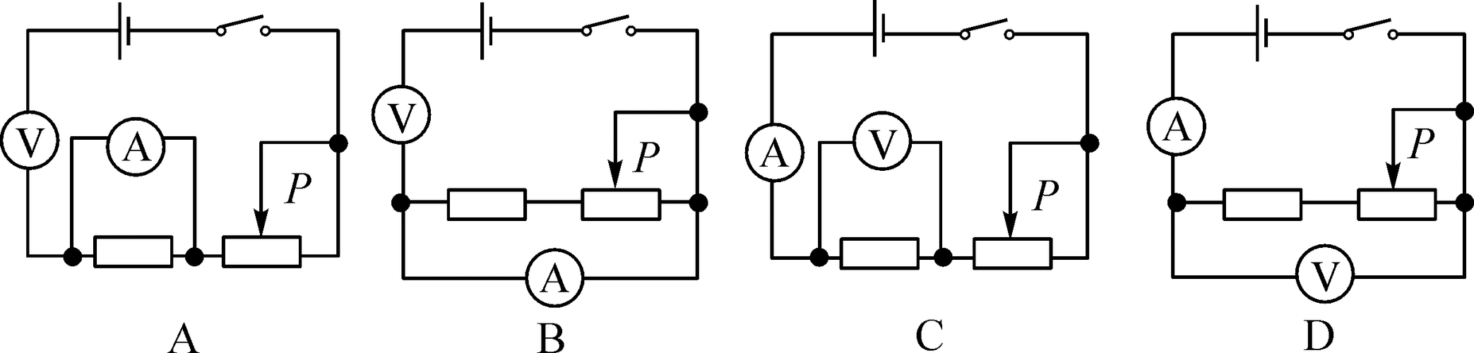 (     )1.为研究"电流跟电压,电阻的关系"的实验电路图,其中正确的是