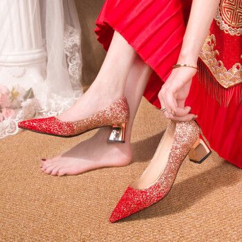 dkpe水晶婚鞋女粗跟孕妇不累脚红色礼服高跟鞋秀禾婚纱两穿伴娘新娘鞋