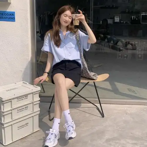 班服夏季学院风蓝色短袖衬衫女学生内搭外穿宽松百搭jk衬衣上衣女