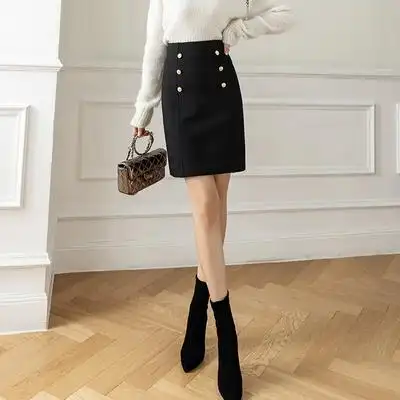 高腰西装短裙女春秋冬显瘦双排气质职业包臀裙半身裙