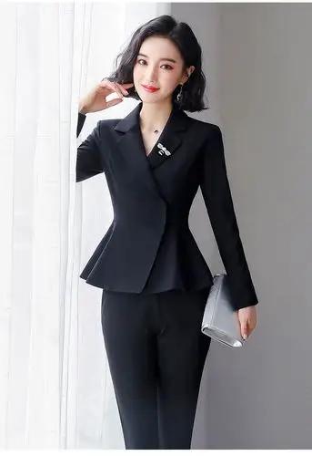 西装套装酒店前台工作装女春秋美容师工作服时尚气质职业装荷叶边西装