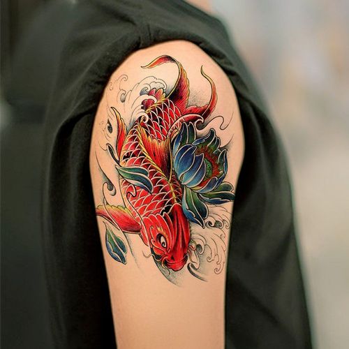 纹身贴花臂彩色大鲤鱼防水纹身贴花臂仿真小腿莲花锦鲤浪花财鱼贴纸一