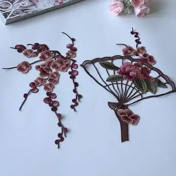 金线牡丹梅花扇子刺绣布贴水溶绣补丁旗袍衣服装饰辅料手缝补diy