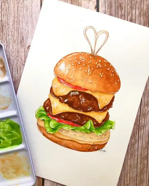 双层牛肉芝士汉堡🍔 | 水彩美食写生