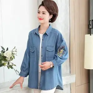 春夏秋新款中老年加肥加大胖妈妈长袖厚牛仔衬衫薄款外套奶奶上衣