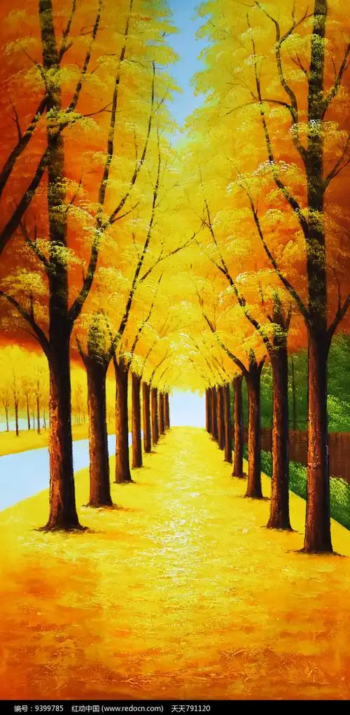 高清手绘金色大道发财树玄关