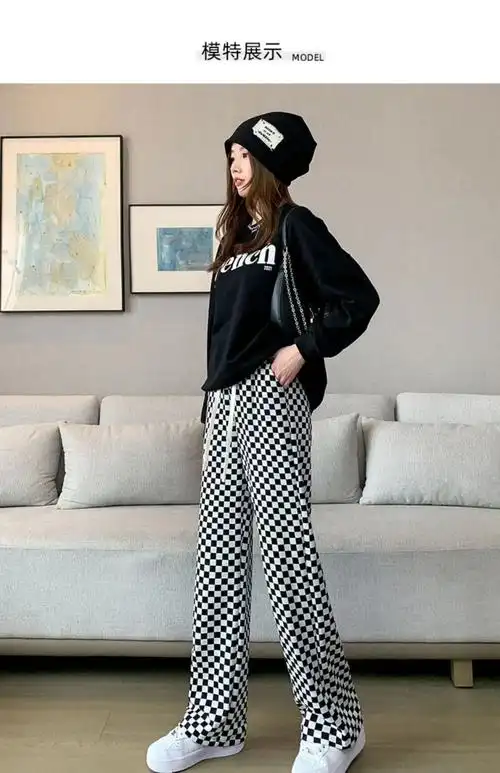 休闲裤女春新款2022黑白格子裤女春秋年高腰垂感阔腿裤小个子棋盘格