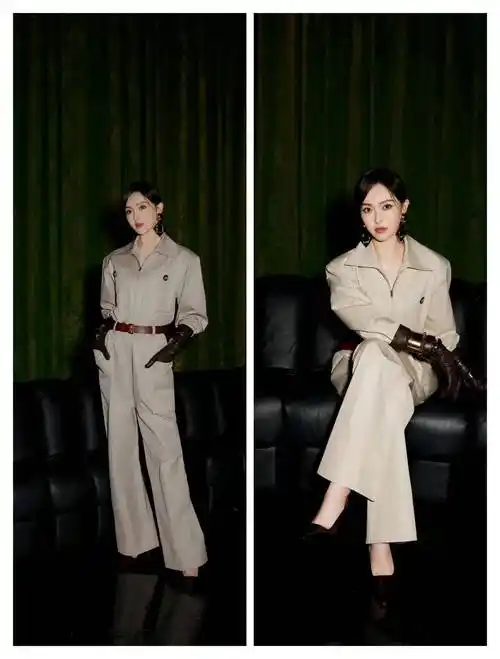 原创唐嫣的两套穿搭连体工装和黑色西服强势利落