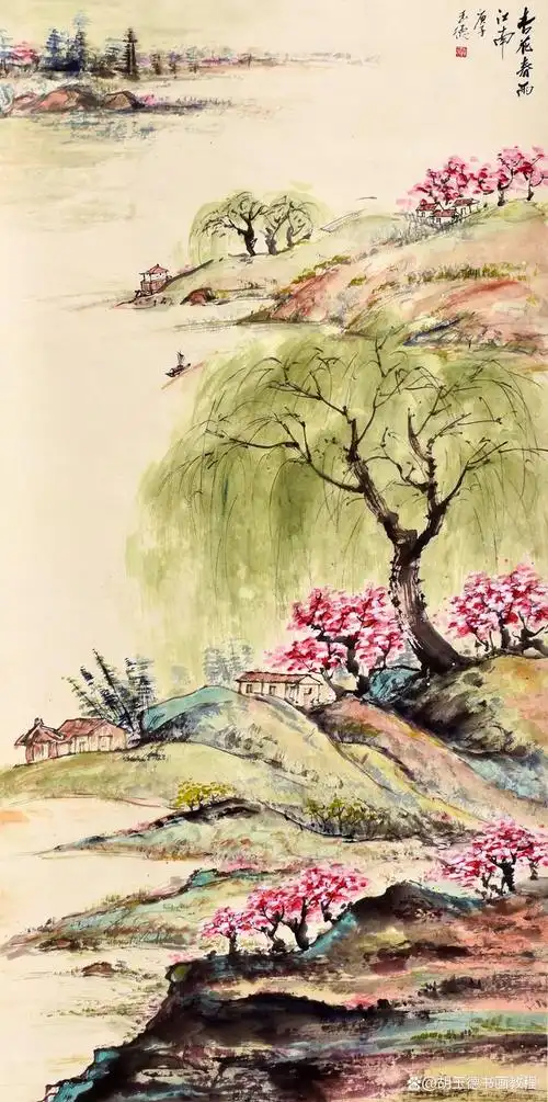 《杏花春雨江南》国画青绿山水