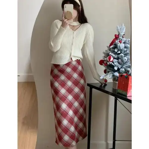 驰尚 复古通勤格纹毛呢半身裙女冬天2022新款中长款格子直筒裙