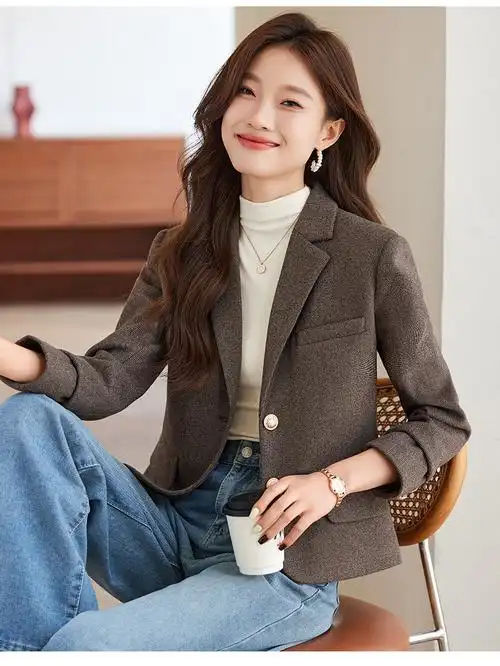 短款毛呢小西装外套女秋冬新款职业装通勤ol修身小个子西服外衣 - 17