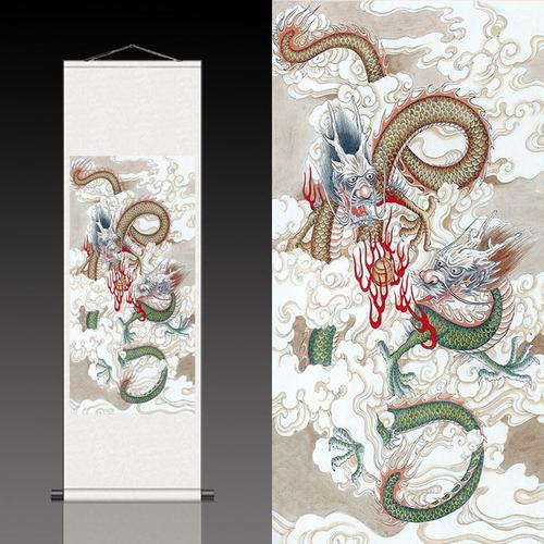 吉祥龙画生肖画丝绸画国画双龙戏珠图卷轴礼品玄关壁画家居装饰画