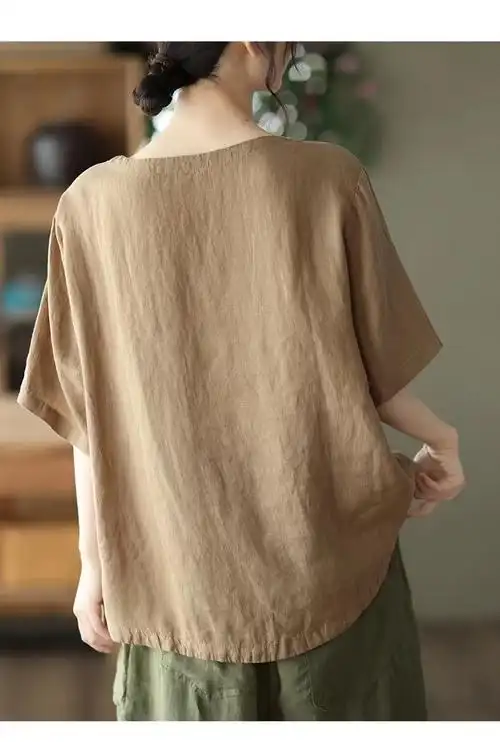 新款复古砂洗亚麻上衣女士圆领短袖套头麻衫休闲文艺t恤 - 17网