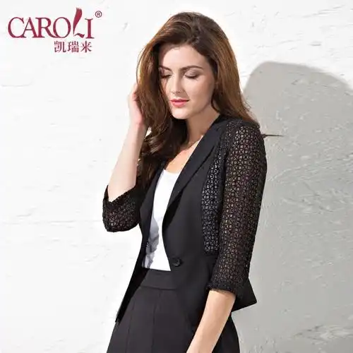 凯瑞来黑色短款夏天小西装女薄款2017 蕾丝镂空外搭西服外套中袖