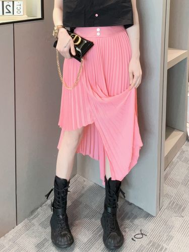 粉色裙子夏季薄款高腰不规则设计百褶裙时尚中长款半身裙欧货新款