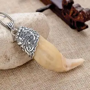 s925纯银熊牙保护套饕餮纹兽爪子包银套麂子角银套藏獒牙银吊坠套