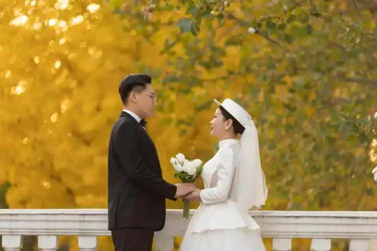 秋季外景婚纱照银杏树下的浪漫爱情