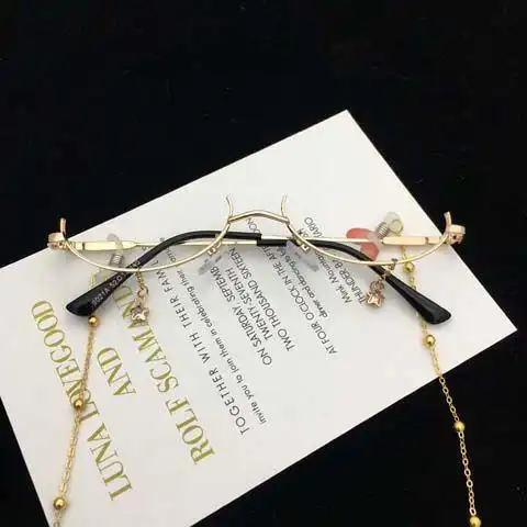 心墨染新品金丝眼镜链子抖音网红同款下半框无镜片眼镜框架女带链条