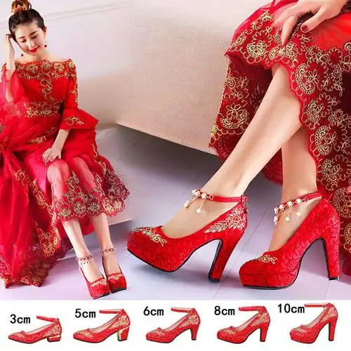 中式新娘鞋婚鞋女高跟粗跟中跟结婚鞋子孕妇秀禾鞋红色高跟鞋