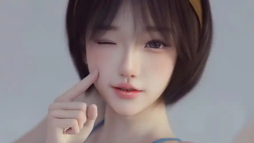 3d动漫短发女孩可爱脸庞手指桌面壁纸,免费下载电脑壁纸