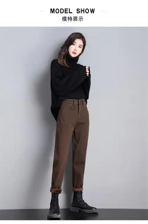 咖色加绒裤女秋冬季2021年新款女裤萝卜裤休闲裤女士加绒高腰哈伦裤