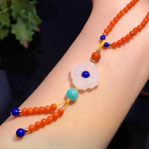 23mm川料南红配天河石和田玉雕刻背云项链yc457