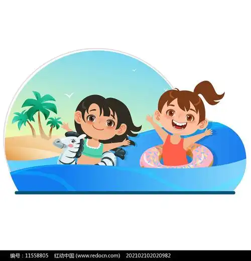 夏天海边儿童游泳玩耍插画png素材图片_卡通手绘_编号11558805_红动