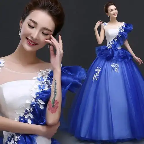 彩纱婚纱礼服2018新款 双肩独唱舞台蓬蓬裙演出服女长款艺考