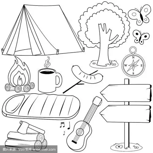 收集露营物品和装备.矢量黑白着色页