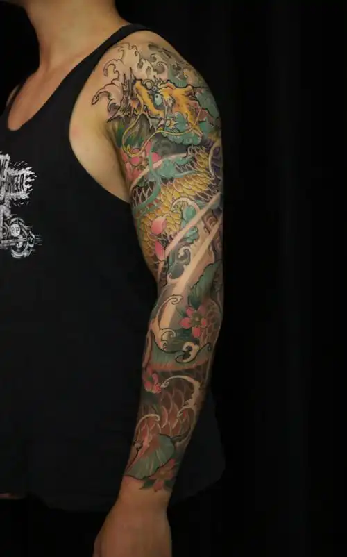 麒麟鲤鱼花臂纹身设计流程