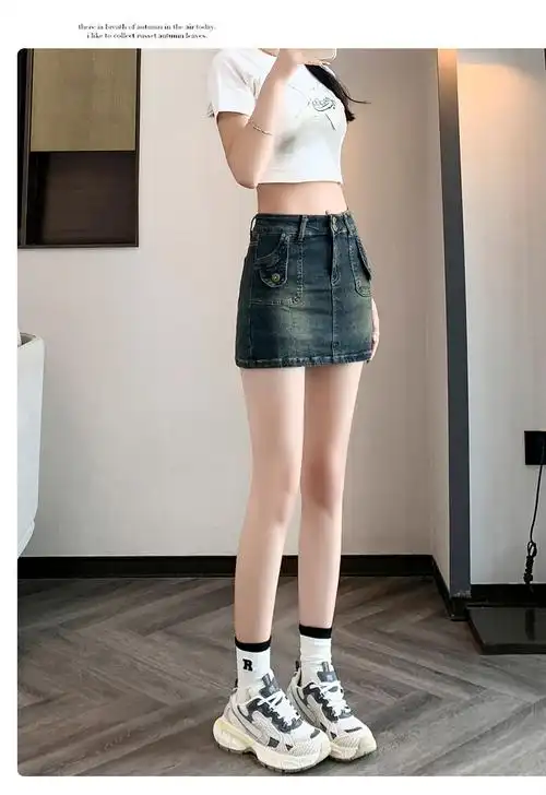 实拍现货防走光牛仔半身裙女怀旧设计感显瘦高腰牛仔短裤包臀裙 - 17