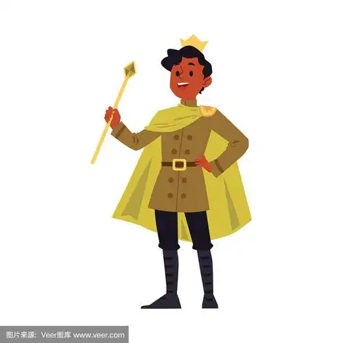 卡通人物在国王的服装和黄金皇冠持有权杖