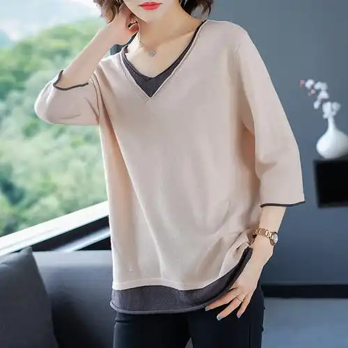 胖mm春装大码七分袖针织衫纯棉t恤女宽松200斤胖妹妹遮肚v领上衣