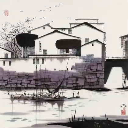 【已售】苗雨 四尺斗方《江南水乡》 辽宁工美教授 师从吴冠中