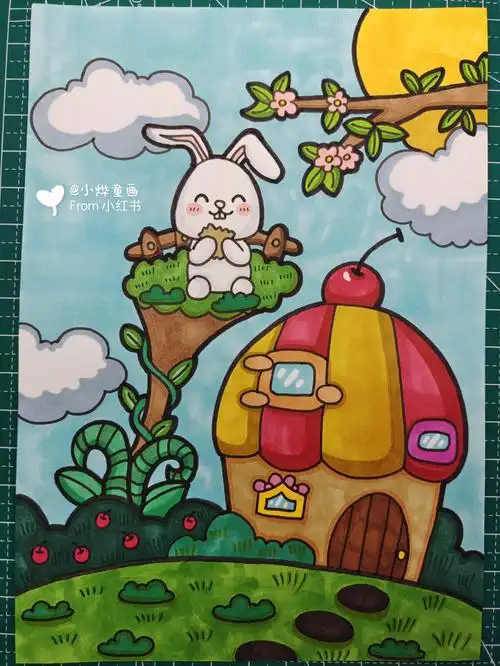 马克笔儿童画小兔上树