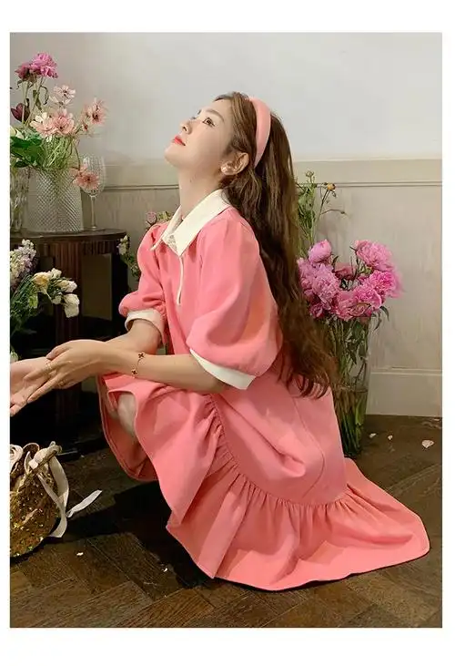 个子甜美减龄粉色polo领连衣裙女夏季新款韩系少女休闲a字裙子女粉色s
