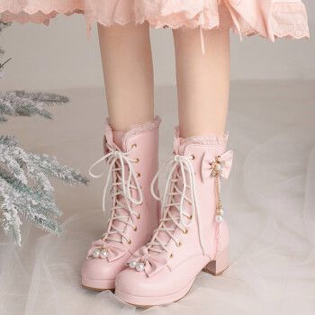 女童靴子洛丽塔甜美小女孩可爱中筒靴时尚粗跟少女学生蝴蝶结高跟鞋