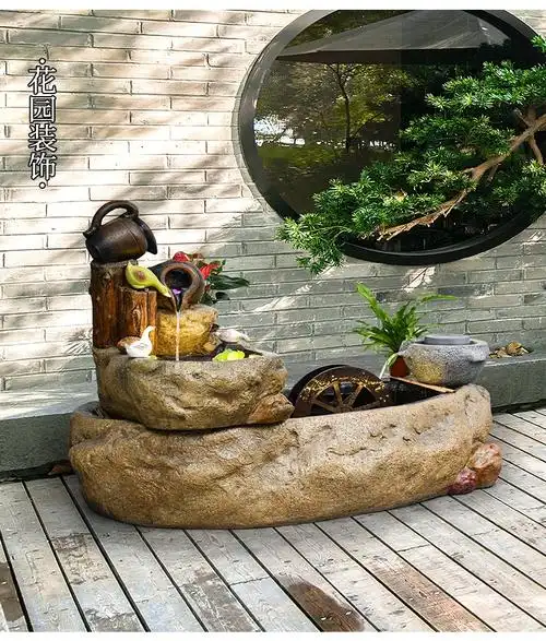 入户鱼池造景庭院花园阳台装饰品落地流水摆件假山喷泉水池循环水