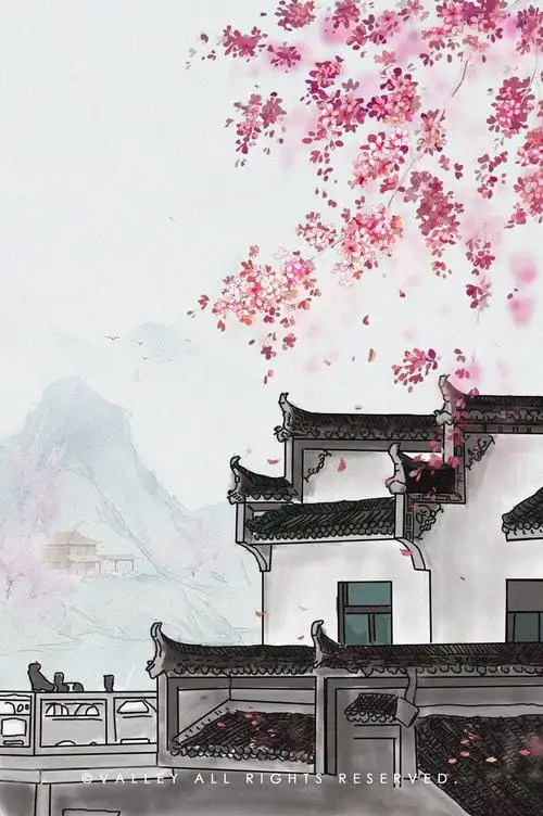 古风徽派建筑插画手绘古建筑粉黛百图斩原创风景原画