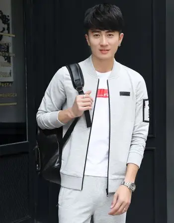 hm卫衣男套装青少年韩版时尚开衫棒球服2018秋季新款男士休闲 浅灰色