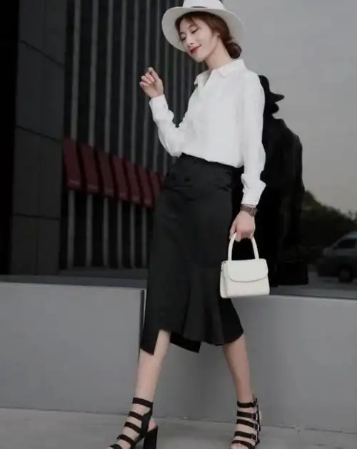 白色衬衣 黑色鱼尾裙 高跟鞋