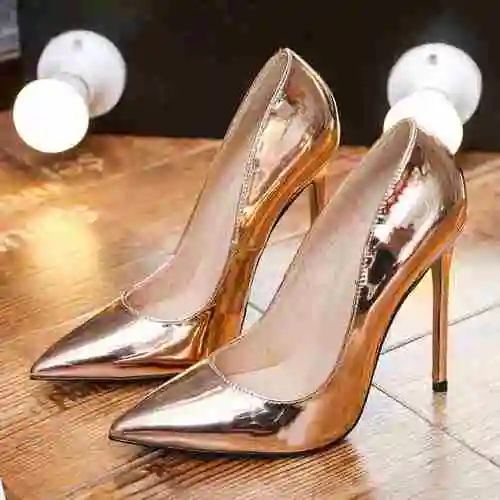 银色高跟鞋女12cm超细跟尖头浅口10cm香槟色法式少女时尚职业女鞋