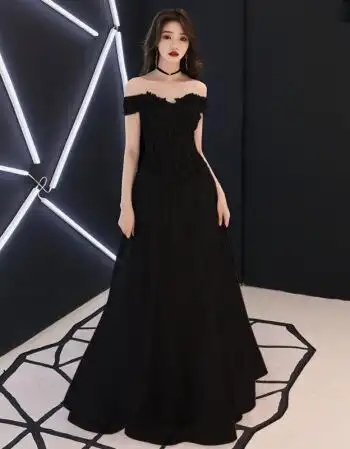 时尚抖音同款黑色晚礼服女2018新款宴会高贵优雅主持人一字肩连衣裙长