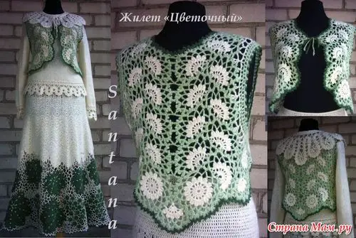 钩针:背心"花卉"  领饰(比利时花边)